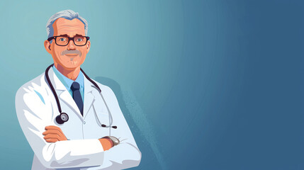 Digital illustration of an experienced male doctor with stethoscope and glasses. Healthcare professional concept suitable for educational and medical use