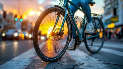 Cyclist crossing the street at sunset in the city