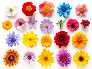 An overhead view of various colorful flowers arranged neatly against a white background, representing diversity and beauty.