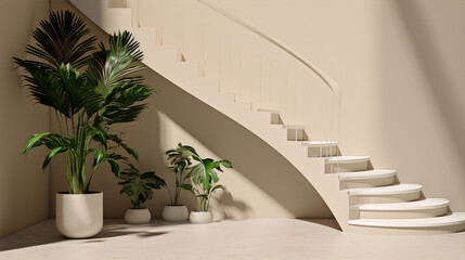 Beige staircase with green plants in pots near the window.