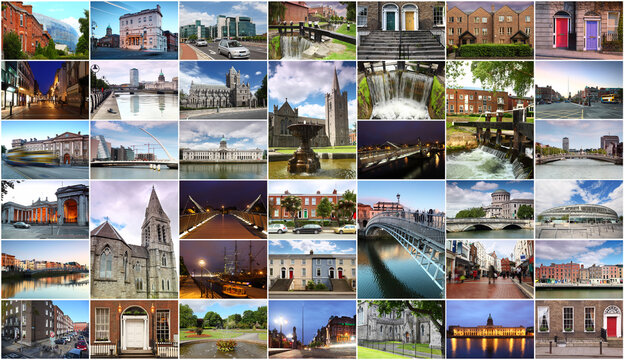 Collage with many Dublin (Ireland) views - Customs House, St. Patrick Cathedral, Ha penny Bridge, Samuel Beckett Bridge