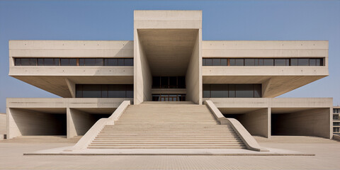 A concrete brutalist building with a staircase leading up to it, with a blue sky in the background.