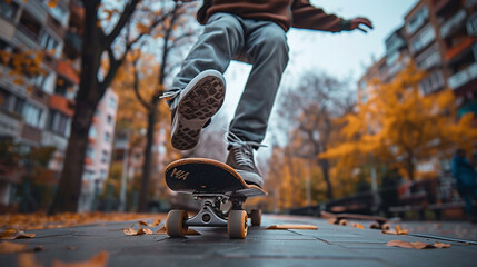 Wide closeup photo from below, an active skateboarder performing at a middle of park, action in the air with jeans and sneakers shoes  - obrazy, fototapety, plakaty