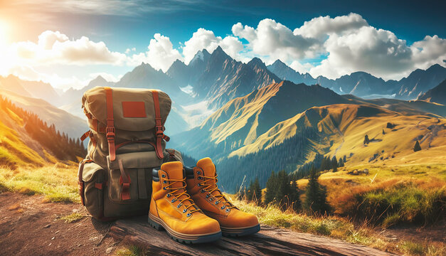 Yellow and brown travel boots together with a tourist backpack against the background of a mountain peak and the sky