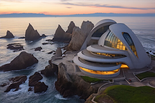 Futuristic building on rocky coast at sunset, with large glass windows and curved white walls.