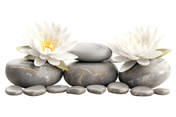 Front view of spa gray rocks with white lotus flowers on a cut out PNG transparent background