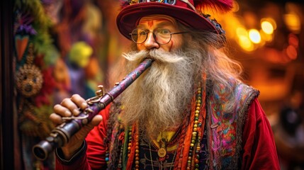 Enchanting bard playing flute in moonlit fantasy world, mystical atmosphere, music concept, banner