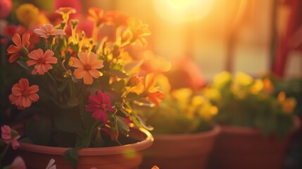 Beautiful sunset illuminating colorful potted flowers