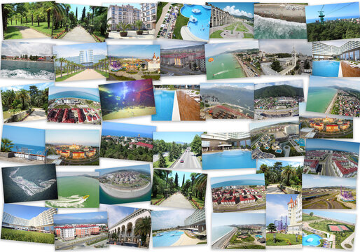 Tropical gardens, singing fountain, hotels in summer resort - collage with photos