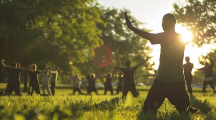 Group of people practicing tai chi in serene park at sunset