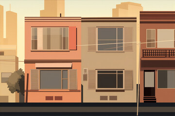 Cityscape with three houses in warm colors with a hint of retro style