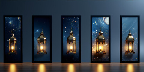 3D rendering of a Ramadan lantern with a glowing crescent moon and stars in a dark blue background. - obrazy, fototapety, plakaty