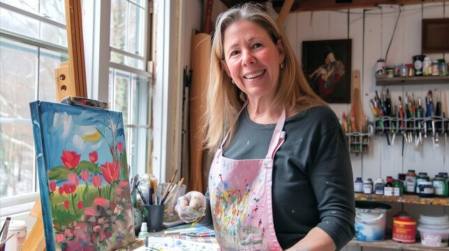 Female artist painting colorful floral canvas in home studio