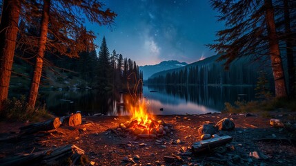 Serene camping night by a tranquil lake under starry sky