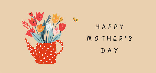 Happy Mother's Day. Vector cute illustration of watering can with tulip flowers and polka dots pattern for greeting card, poster or background
