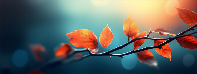 Glowing red leaves of a tree against a blurred background in blue tones. - obrazy, fototapety, plakaty