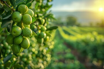 Green olives, a fruit of the olive tree, hang from branches in a lush field