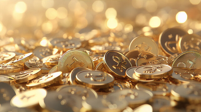 3D rendering of a pile of shiny gold coins with a blurred background.