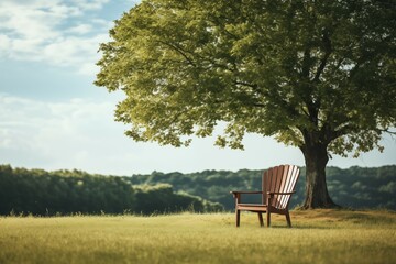 beutiful tree and wooden chair on blurred meadow background