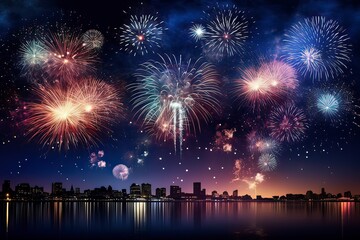 Fototapeta na wymiar Fireworks blooming over the city at night. AI technology generat