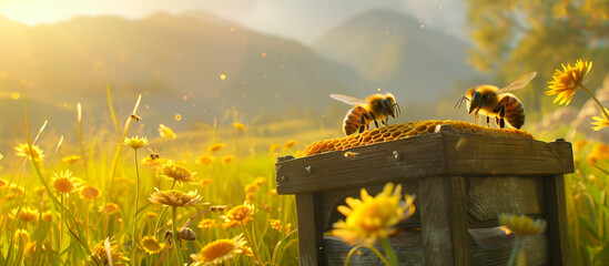 bee on a honeycomb collecting nectar for honey production - obrazy, fototapety, plakaty