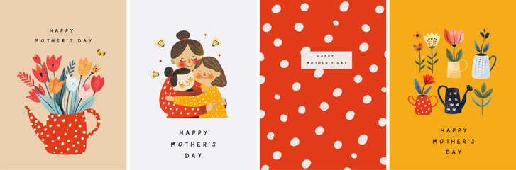 Happy Mother's Day. Vector cute illustration of mother, grandmother and daughter hugging, watering can with tulip flowers and polka dots pattern for greeting card, poster or background