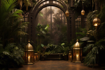 Mystical Garden of Eden with lush foliage and golden lanterns in 3D rendering. - obrazy, fototapety, plakaty