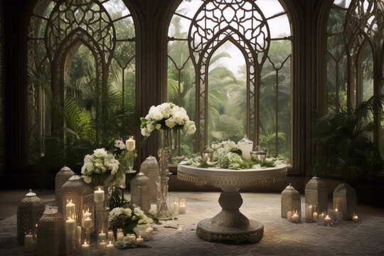 White flowers and candles in a beautiful hall with Moorish and Gothic arched windows