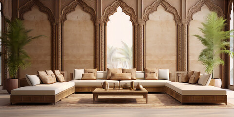 arabic style living room interior with sofas and coffee table - obrazy, fototapety, plakaty