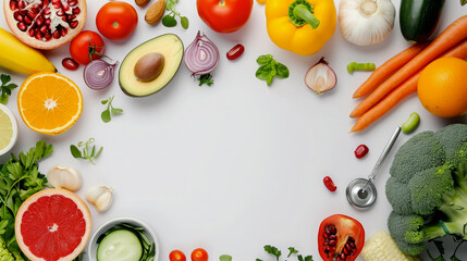 Assorted fresh vegetables and fruits with a stethoscope on a white background. Healthy eating and nutrition concept for wellness and medical dietary advice with copy space. Health banner