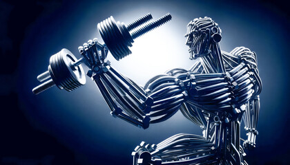 A metallic, muscular, body-building robotic figure made of coiled cables lifting a barbell, showcasing mechanical strength and complexity. - obrazy, fototapety, plakaty