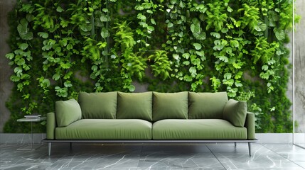 Modern living room with lush green vertical garden