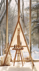 Art studio with large windows, easel, and painting supplies, with a snowy forest in the background.
