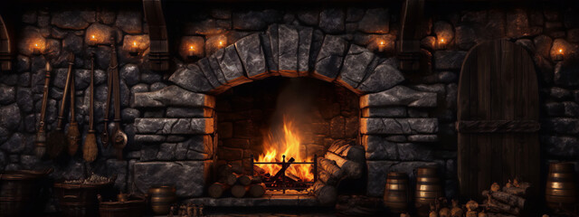 Fireplace in a stone wall with candles, barrels, and a lute.