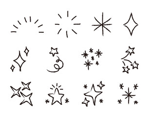 Set of hand drawn light, star and sparkle effect drawing illustrations in cartoon and doodle style.