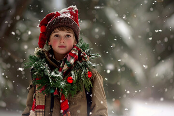 kid on scouting trip with christmas theme 