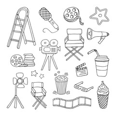 Cinema set. Movie camera, film strip, director's chair, film strip, popcorn. Doodle. Vector illustration. Hand drawn. Outline.
