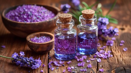 Fototapeta na wymiar Lavender essential oils with fresh flowers on wooden background
