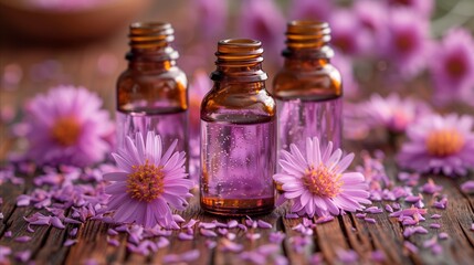 Obraz na płótnie Canvas Essential oils with purple flowers on wooden surface
