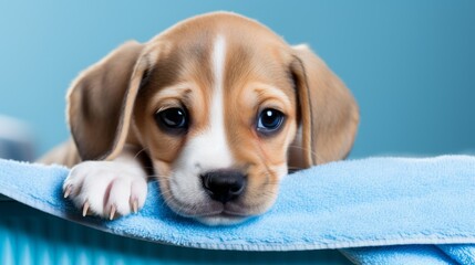 Close up of adorable puppy on veterinarian examination table, pet checkup, blue background, banner - obrazy, fototapety, plakaty
