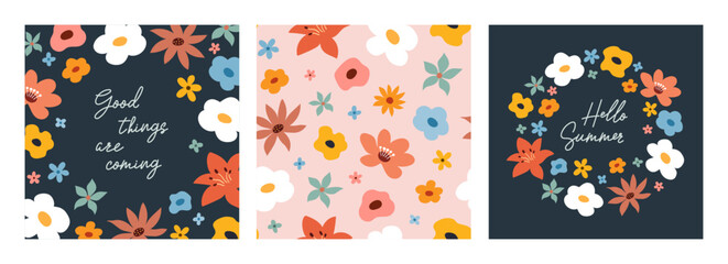 Fototapeta na wymiar Floral set of postcards with inscriptions. Spring and summer illustration