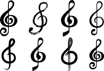 Music clef icons set. Music note, music key sign in hand drawn high HD resolution for reuse in musical concert or festival poster and banner for media and web.