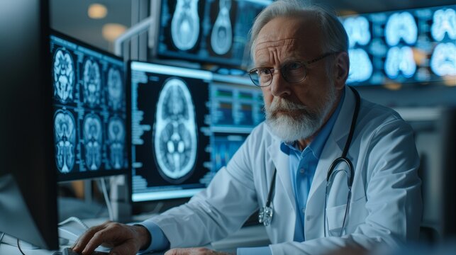 Focused doctor analyzing disease images on computer, in search of diagnosis. Disease analysis from brain x-rays