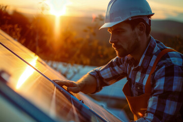Homme installant un panneau solaire photovoltaique sur le toit d'une maison individuelle