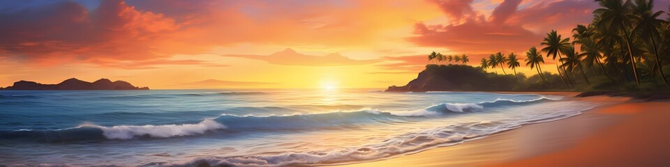 At the end of the world, a paradise beach basks in the golden light of the setting sun. The sky is ablaze with fiery hues, mirrored in the crystal-clear waters that stretch endlessly.  - obrazy, fototapety, plakaty