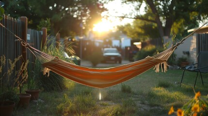 Relaxing summer evening with hammock in backyard