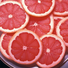 Still life of sliced grapefruit, showing the juicy flesh and the segments inside. - obrazy, fototapety, plakaty