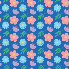 Illustrated background of hand-drawn flowers, leaves, nature, and plant patterns in a colorful and cute doodle style.