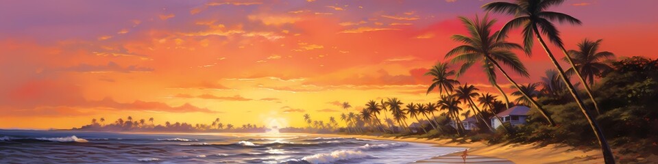 At the edge of paradise, a pristine beach bathes in the warm light of the setting sun. The sky is a canvas of pastel colors, reflecting in the gentle waves that kiss the shore. 