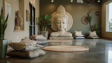 Serene meditation room with Buddha statues and cushions